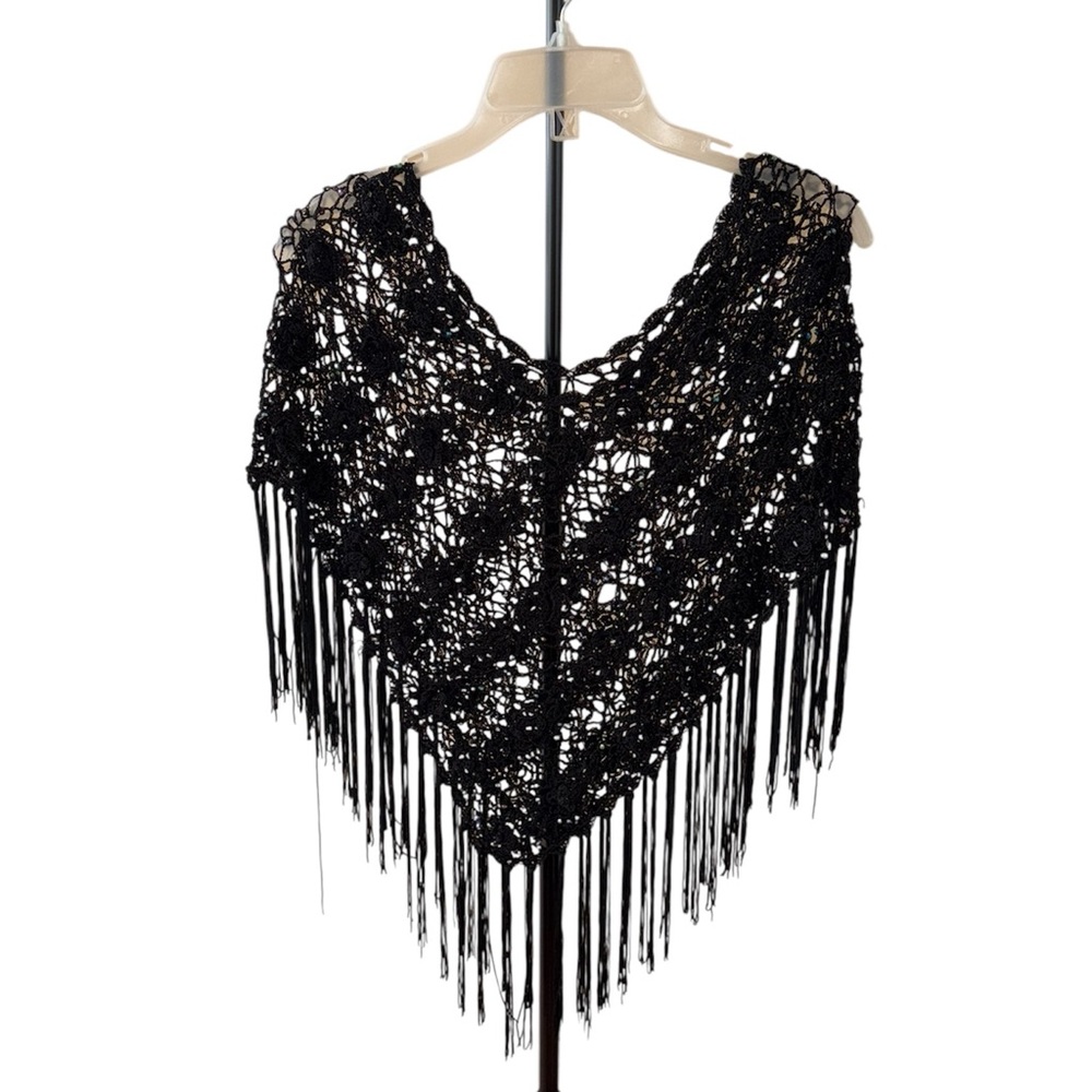 Black Tassels Crocheted Pancho